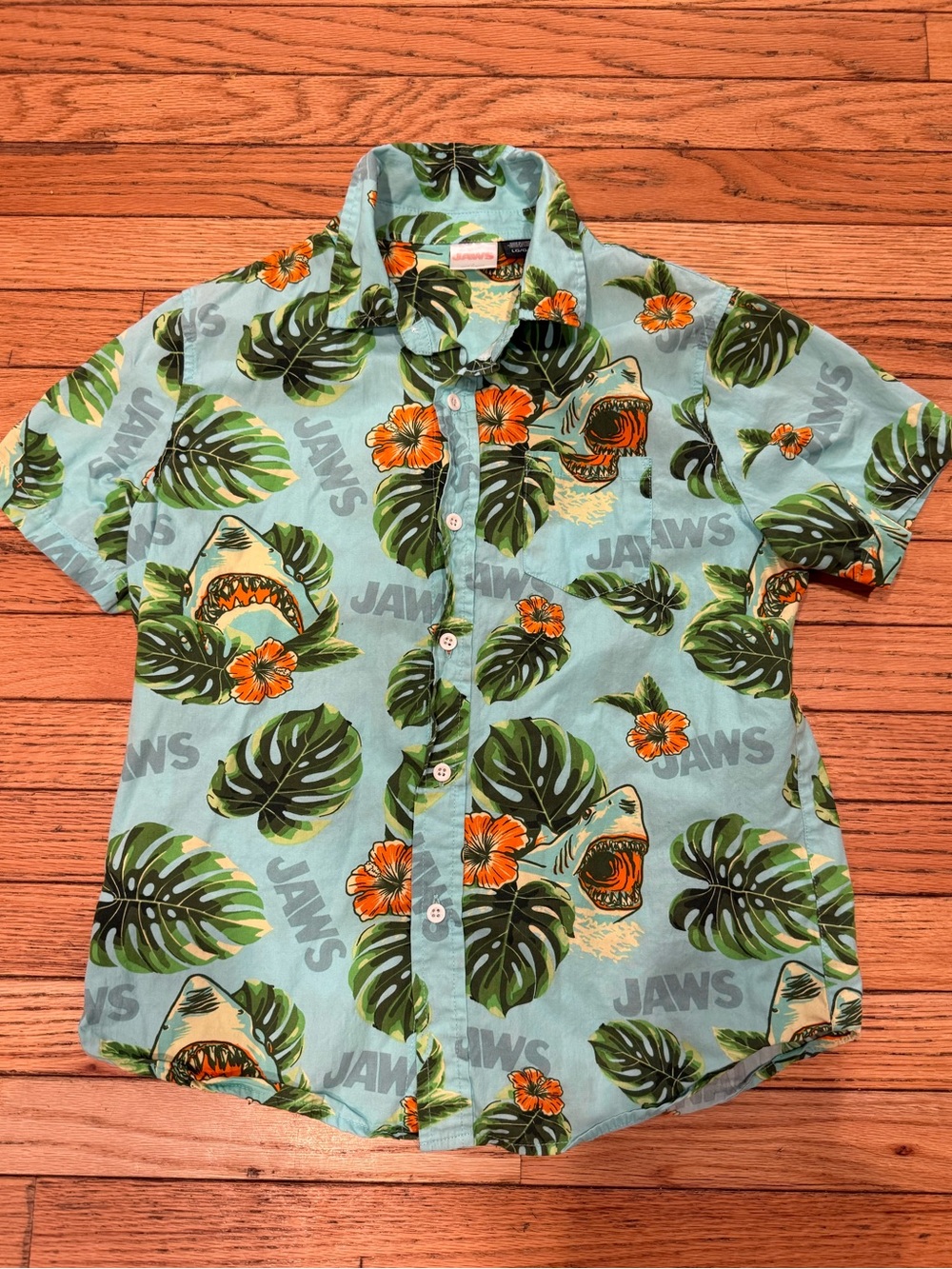 Kids JAWS Shark Tropical Shark Print Button-Up Shirt - Light Blue Size L